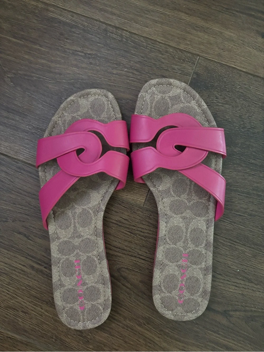 Coach Hot Pink Leather Slide Sandals with Signature Canvas Footbed